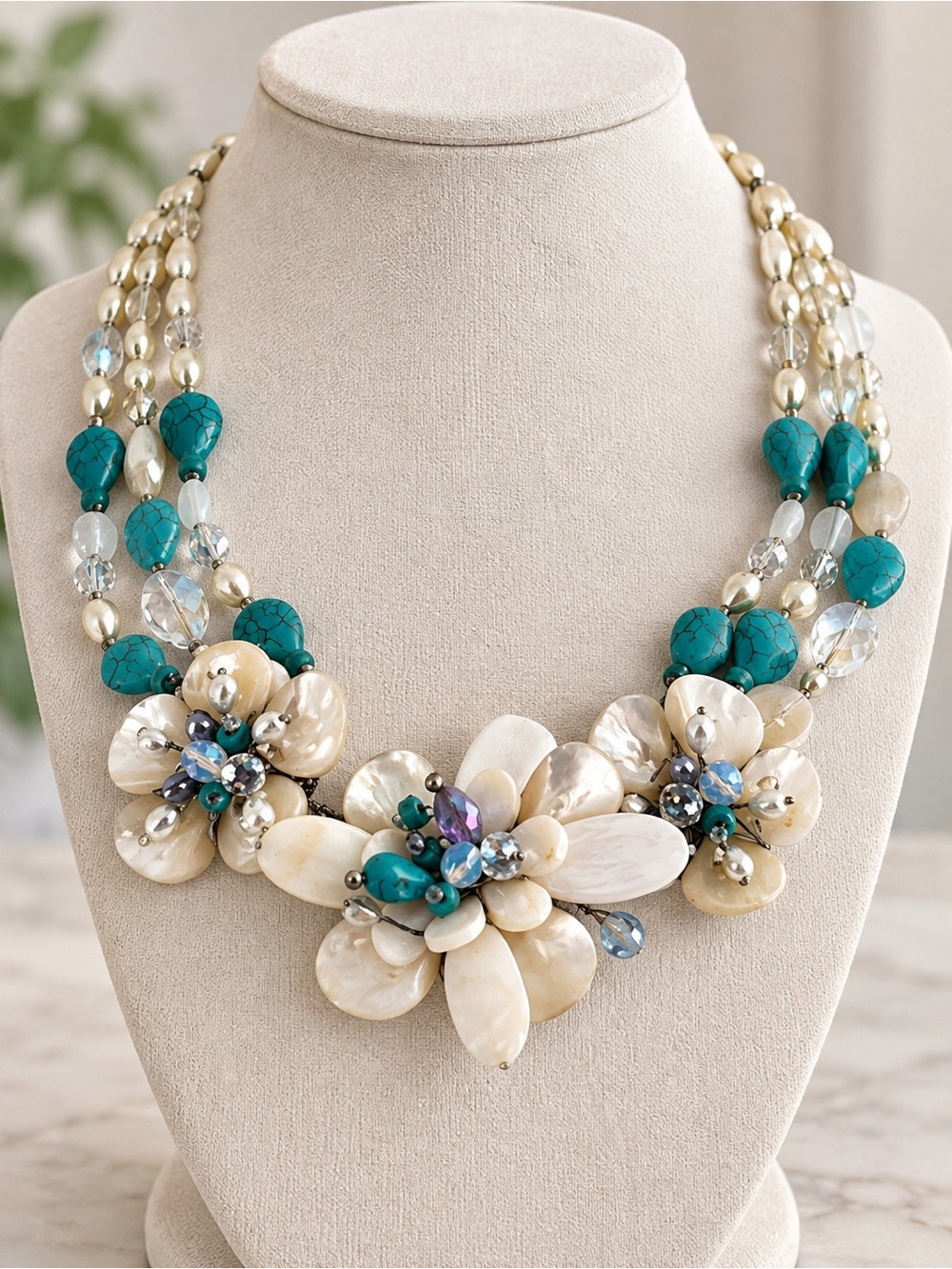 Turquoise & Ivory Floral Beaded Statement Necklace Layered Boho